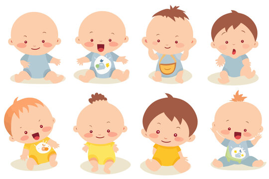 Cute baby toddler clipart in different positions, vector illustration