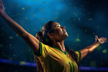 Fototapeta na wymiar Portrait of a young Brazilian woman celebrating a goal in a stadium. Ai generated.