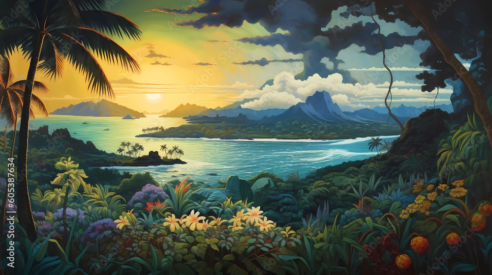 Wall mural illustration of a beautiful view of hawaii, usa