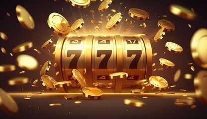 Slots 777 banner, golden coins jackpot, Casino 3d cover, slot machines and roulette with cards by ai generative