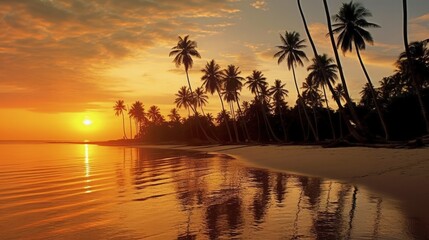 Fototapeta na wymiar Beautiful tropical beach with palm trees silhouettes at dusk, Generative AI