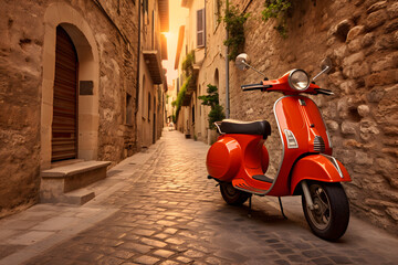 Romantic Escapades in Italian Villages: Set Out on a Summer Adventure with a Vespa in the Picturesque Beauty of an Italian Village, Immersed in the Warmth and Charm of the Season - obrazy, fototapety, plakaty