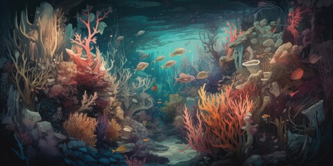 Fototapeta na wymiar Artful illustration of fantasy underwater life, colorful and impressionistic, Generative AI 