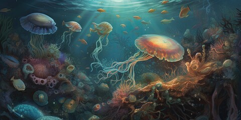 Fototapeta na wymiar Artful illustration of fantasy underwater life, colorful and impressionistic, Generative AI 