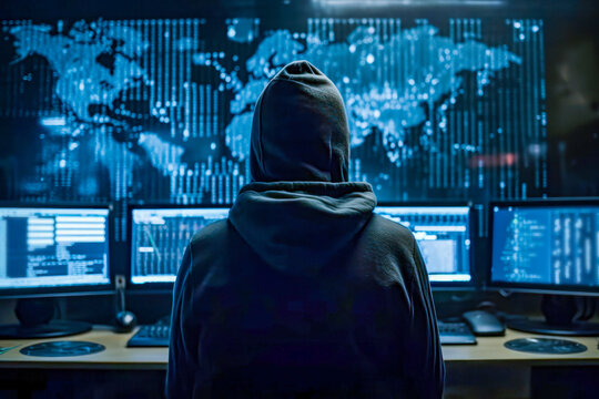 Dangerous hooded hacker hacking and penetration testing company cyber security concept.