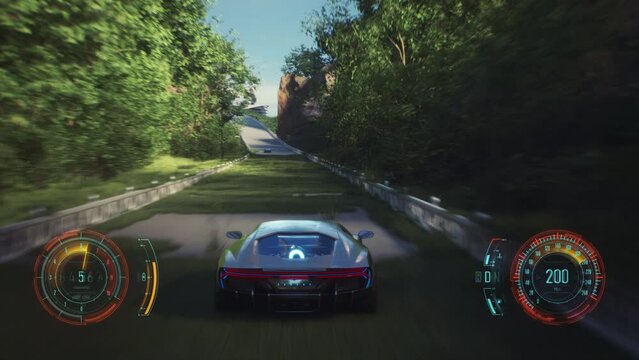 4K, Fake 3D video game. Utopia city racing car fake game with HUD.