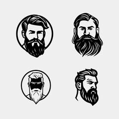 Set of vector bearded men faces hipsters with different haircuts, mustaches, beards. Perfect for Silhouettes, avatars, heads, emblems, icons, labels.