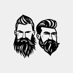Pair of vector bearded men faces hipsters with different haircuts, mustaches, beards. Perfect for Silhouettes, avatars, heads, emblems, icons, labels.