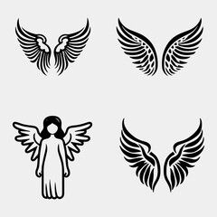 Set of hand drawn bird or angel wings of different shape in open position