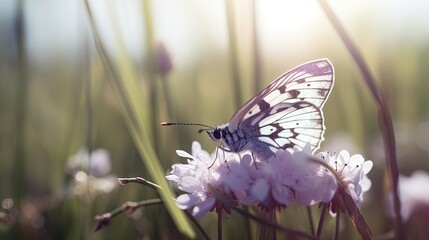Butterfly flying over pink plants on a blurred background Generative AI