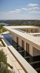 Modern white stone house with pool on a sunny day Generative AI