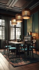 Wooden dining room inside a house in oriental style Generative AI