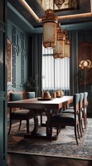 Wooden dining room inside a house in oriental style Generative AI