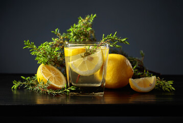 Cocktail Gin-tonic with ice, lemon, and juniper on a black background.