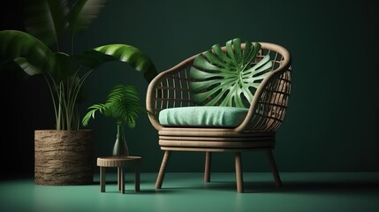 Stylish armchair with green pillows and monstera leaves on a dark background. 3d rendering