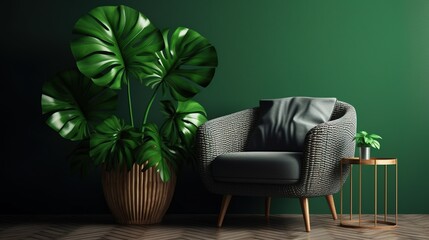 Fototapeta na wymiar Stylish armchair with green pillows and monstera leaves on a dark background. 3d rendering