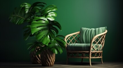 Stylish armchair with green pillows and monstera leaves on a dark background. 3d rendering