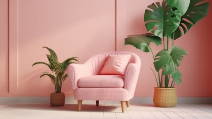 3d rendering of pink wicker armchair and plant in vase
