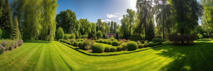 Long green garden of a house on a beautiful day Generative AI