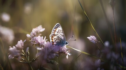 Butterfly flying over pink plants on a blurred background Generative AI