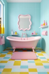 Obraz na płótnie Canvas Bath time. Colored retro room. Water full of yellow ducks and bubbles. Smile joy happy. Generated AI.
