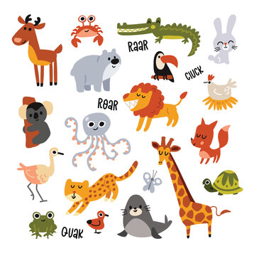 Set of animals in cute childish style.