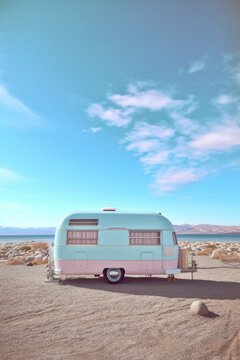 Pastel yellow pink turquoise van with surfboard on the beach. Sea time summer vacation concept. Generated AI.