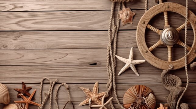 Background of wooden planks. Wooden structure. Wood texture. Wooden background with suspended lifebuoy, shell, fishing net, starfish, sticks with hook, empty space for writing in the center