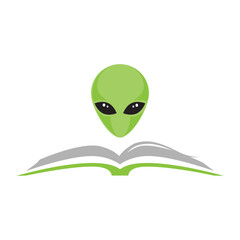 book and green alien head