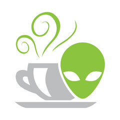 cup of tea and green alien head