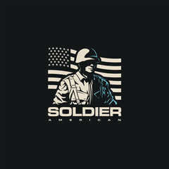 Soldier vector silhouette troop, military person design soldier in war against american flag background