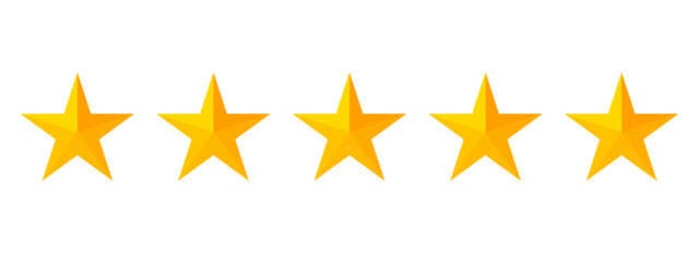  Five golden stars with a 3D effect on a transparent background – Design of five stars that can represent a rating or classification