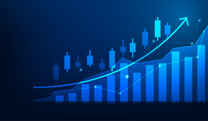Business candlestick chart stock market up on blue dackground. investment graph increase growth. profit and finance diagram arrow up. vector illustration fantastic hi tech design.