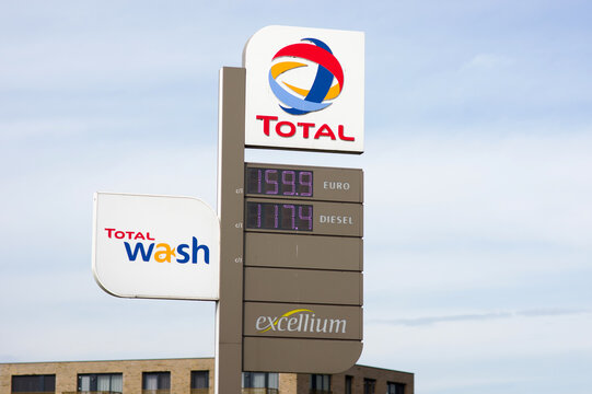Arnhem, Netherlands - October 2, 2020: Large information pillar with fuel prices at a Total gas station