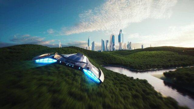 4K, Fake 3D video game. Utopia city spaceship fake game