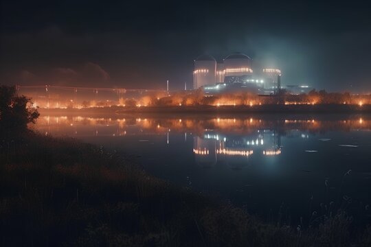 Nuclear power station on coast of lake night photo Generative AI