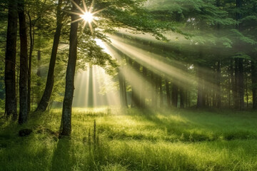 Fototapeta na wymiar Sunlight and god rays passing through a dense forest. Generative Ai Illustration.