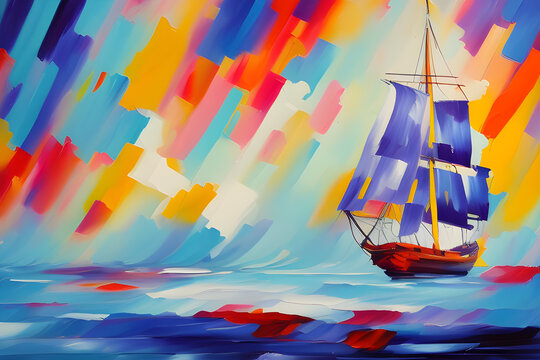 Sailing ship in the sea. Colorful background.