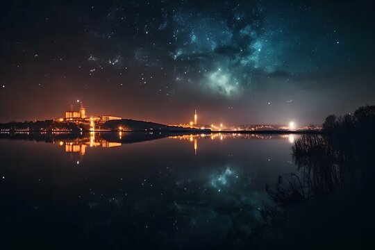 Nuclear power station on coast of lake night photo Generative AI