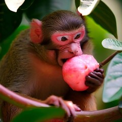 A Monkey eating pink guava