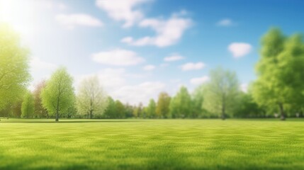 Beautiful blurred background image of spring nature with a neatly trimmed lawn surrounded by trees against a blue sky with clouds on a bright sunny day
