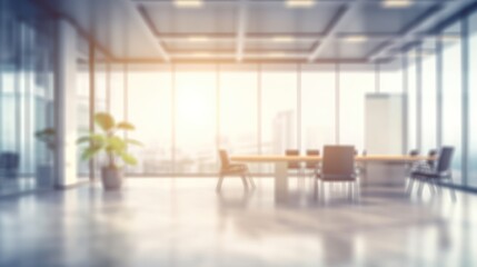 Beautiful blurred background of a light modern office interior with panoramic windows and beautiful lighting