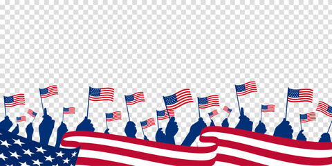 Diverse Group Of Patriot Hand Waving Small American Flags with waving USA flag on transparent background. Vector illustration. 