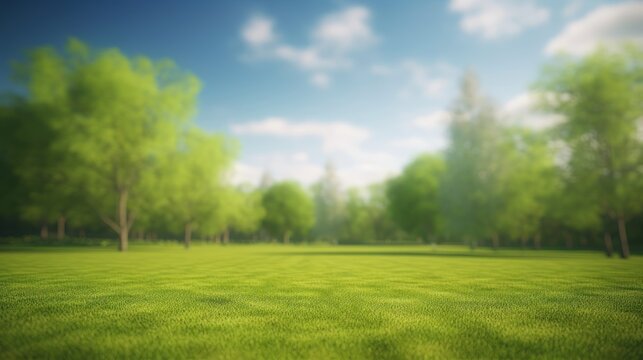 Beautiful blurred background image of spring nature with a neatly trimmed lawn surrounded by trees against a blue sky with clouds on a bright sunny day