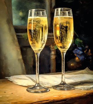 Champagne glasses well lit in a studio background. Generative Ai Illustration.