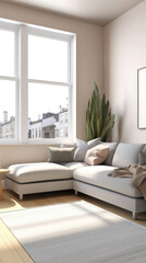 Fototapeta na wymiar full body sofa in a modern living room with clean lines and a minimalistic design. The background features a neutral color palette with a wall painted in a light gray shade, paired with sleek hardwood