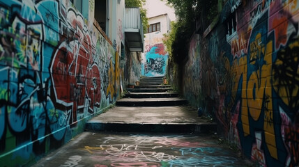 Street with colorful graffiti on the wall, Generative Ai