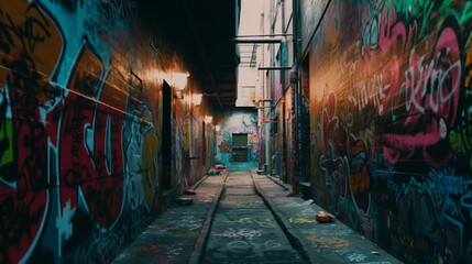 Fototapeta premium Street with colorful graffiti on the wall, Generative Ai