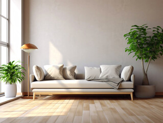 full body sofa in a modern living room with clean lines and a minimalistic design. The background features a neutral color palette with a wall painted in a light gray shade, paired with sleek hardwood