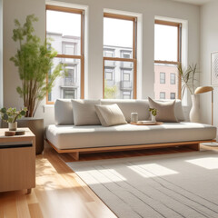 full body sofa in a modern living room with clean lines and a minimalistic design. The background features a neutral color palette with a wall painted in a light gray shade, paired with sleek hardwood